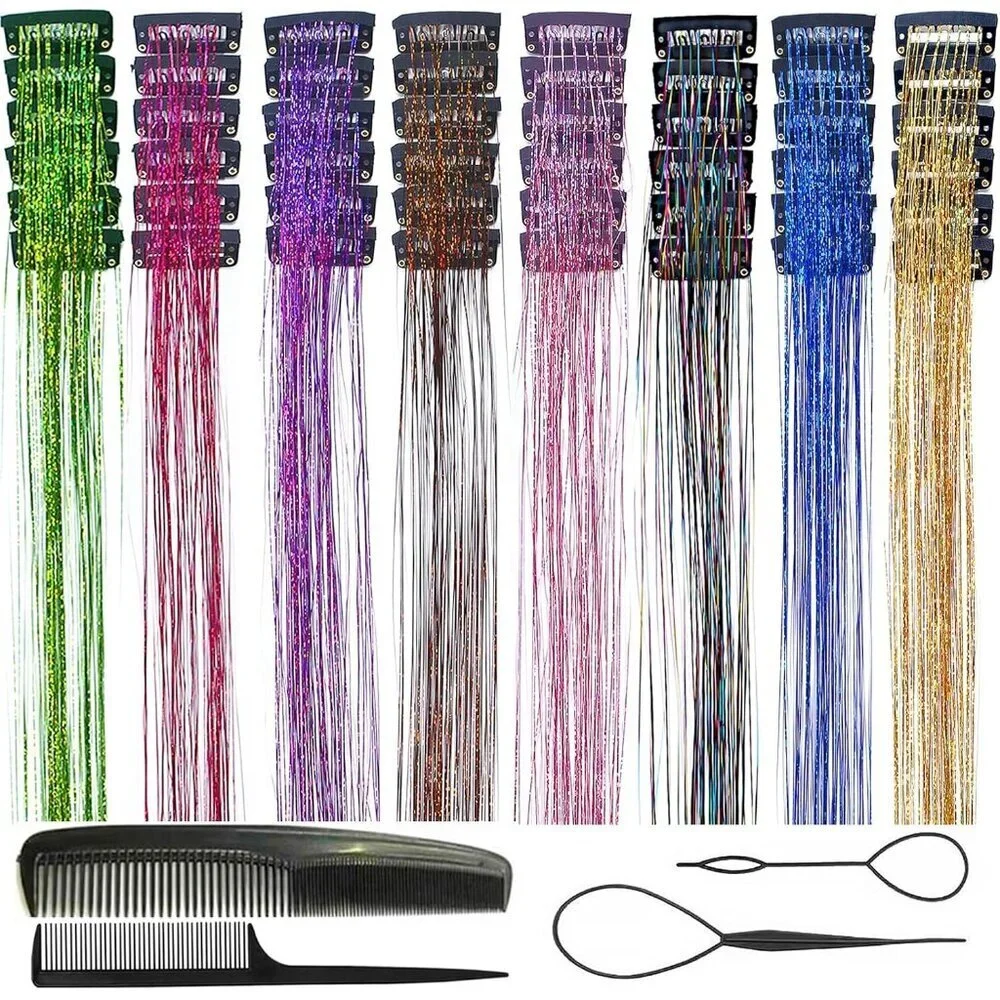 Hair Tinsel Clip in Rainbow Glitter Extensions 20Inch 48pcs Sparkling Hair Acces